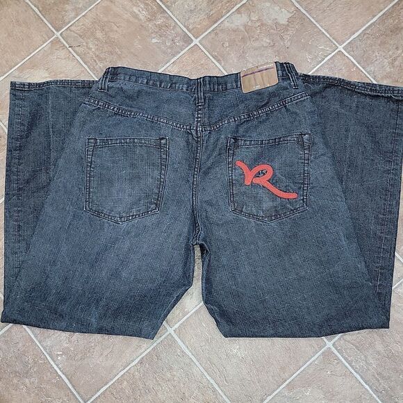 Rocawear Loose Baggy Retro Y2K Fire Jeans w Embroidered Red Logo Pocket 38 x 34 - Picture 3 of 9